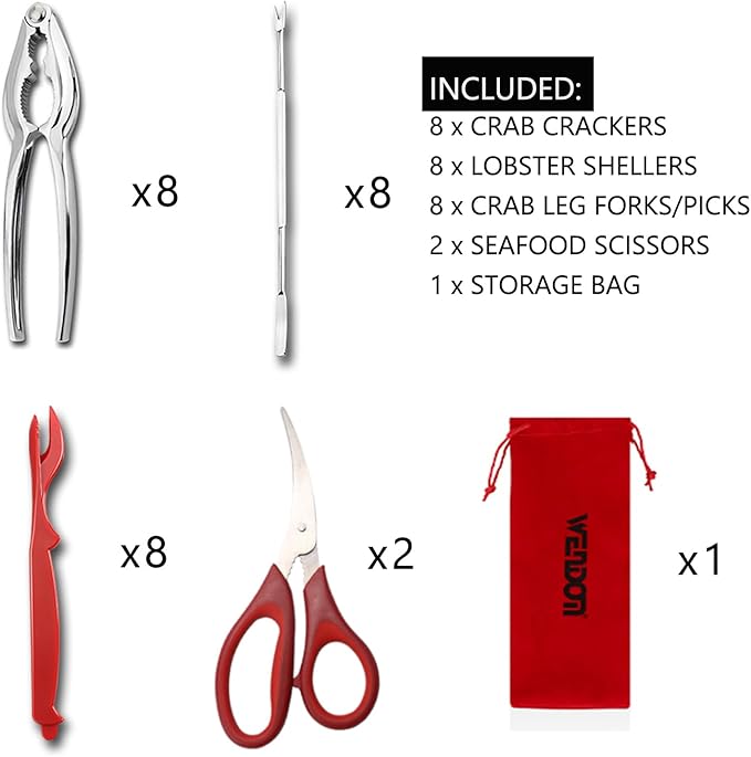Crab Leg Crackers and Tools Set of 8, 27Pcs include 8Crab Crackers,8Lobster Shellers,8Crab Leg Forks/Picks,2Seafood Scissors& Storage Bag Heavy Duty