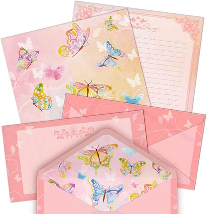 Watercolor Butterfly Stationery Paper (Lined Single Side) 48 Pieces and Self-Sealing Envelopes 24 PC Set, 27 lb Heavy Weight, Pink Letter Writing Stationary 11" x 8.5" with Letterhead