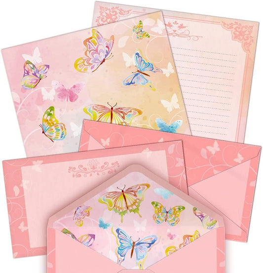 Watercolor Butterfly Stationery Paper (Lined Single Side) 48 Pieces and Self-Sealing Envelopes 24 PC Set, 27 lb Heavy Weight, Pink Letter Writing Stationary 11" x 8.5" with Letterhead