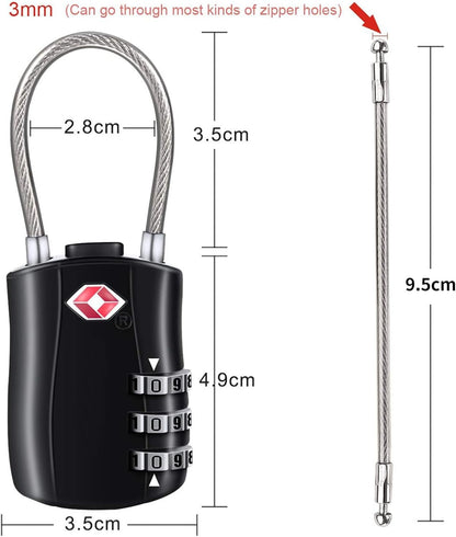 MAEZOE 4 Pack TSA Approved Luggage Locks, Combination Travel Cable Lock, 3-Digit Waterproof Padlock with Alloy Body, Keyless Resettable Suitcase Locks for Travel, Lockers, Bags, Backpack, Gym