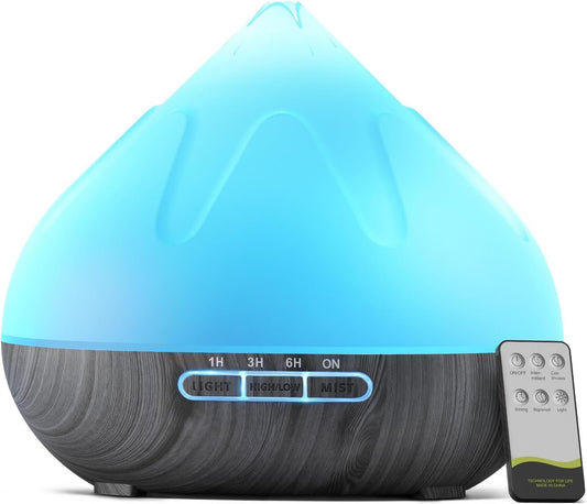 Aroma 500 ML Diffuser, Essential Oil Diffuser with Remote Control, Humidifier with 14 Color Lights for Large Room, 4 Timer Setting, Auto Shut-Off Gray