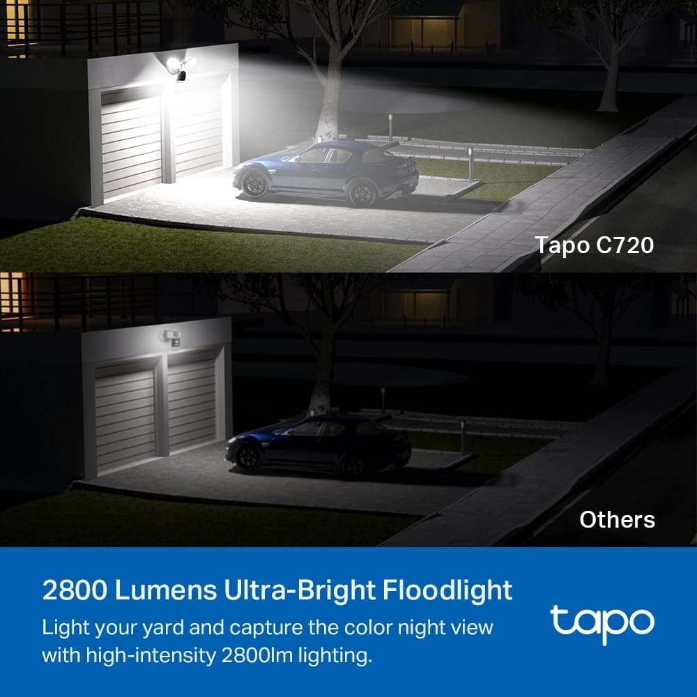 TP-Link Tapo Floodlight Outdoor Security WiFi Camera, Wireless, 2800lm Ultra-Bright, 2K QHD, IP65, 270Â° Motion, Full-Colour Night Vision, Smart AI Detection (Tapo C720)