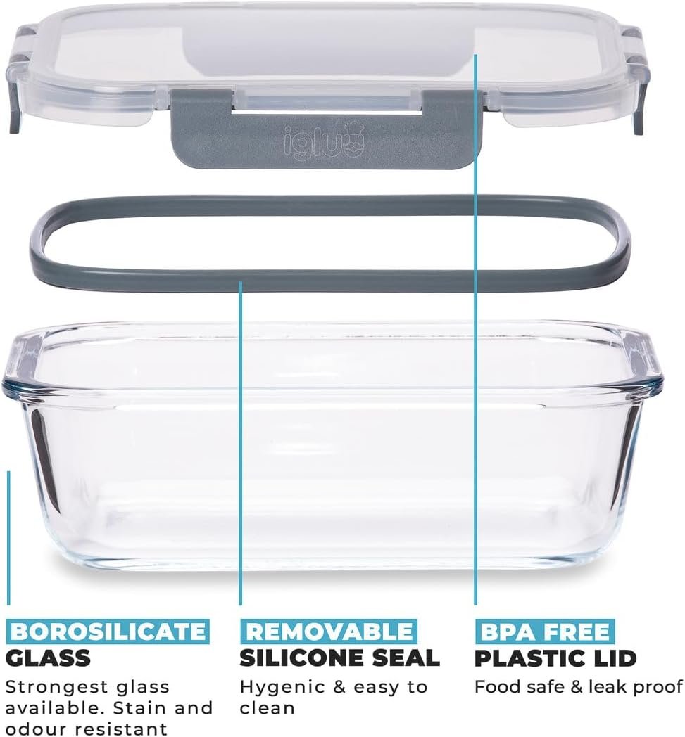 Igluu Meal Prep - Glass Containers with Leak-Proof Snap Lock Lids - Airtight Portion Control Food Storage. BPA-Free, Microwavable, Oven & Dishwasher-Safe 1050ml (3 pack)