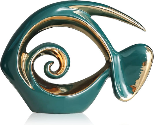 Gold Green Ceramic Fish Figurines - Coastal Home Decor, Modern Ocean Centerpieces for Living Room, Dining Room, Bathroom, Office, Coffee Table, Beach House, Boating, Sea