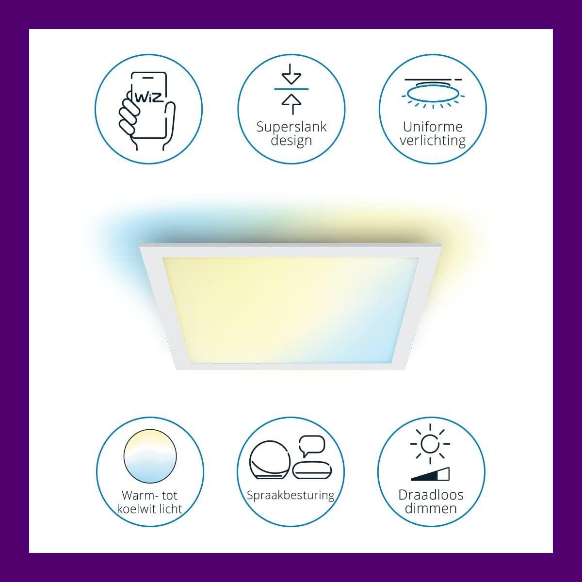 WiZ Tunable White Panel Ceiling Smart Light [Square 12W - White] App Control, for Indoor Home Lighting, Livingroom, Bedroom, Diningroom.