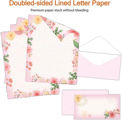 Lined Stationary Set with Envelopes 48 Writing Stationary Paper with 48 Envelopes - Flora Lines Stationary Paper Set Letter Writing Paper, 8.5 x 11 Inch of Each Stationery Paper, 6 Designs Assorted