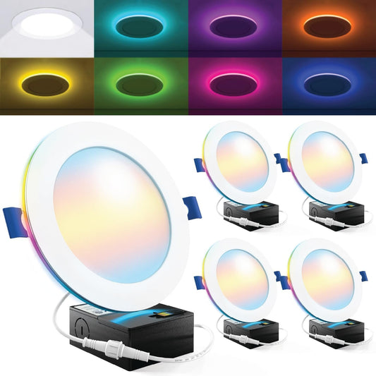 Sunco 4 Pack 6 Inch Smart Ultra Thin LED Recessed Ceiling Lights with Night Light, Tunable CCT 2700K to 6000K, Dimmable, 15W, Smooth Trim, Canless with Junction Box