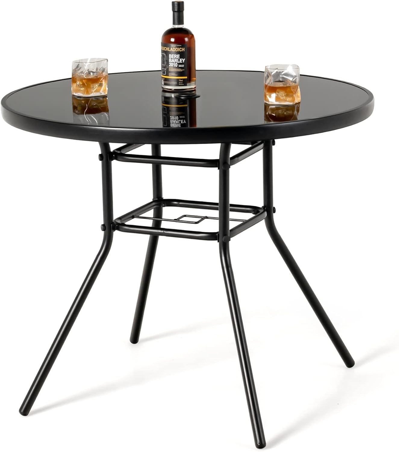 HAPPYGRILL 34" Outdoor Bistro Table, Patio Dining Table with 1.5” Umbrella Hole, Silkscreen Glass Tabletop, Metal Frame, Round Side Table Conversation Coffee Table for Patio Garden Backyard Poolside