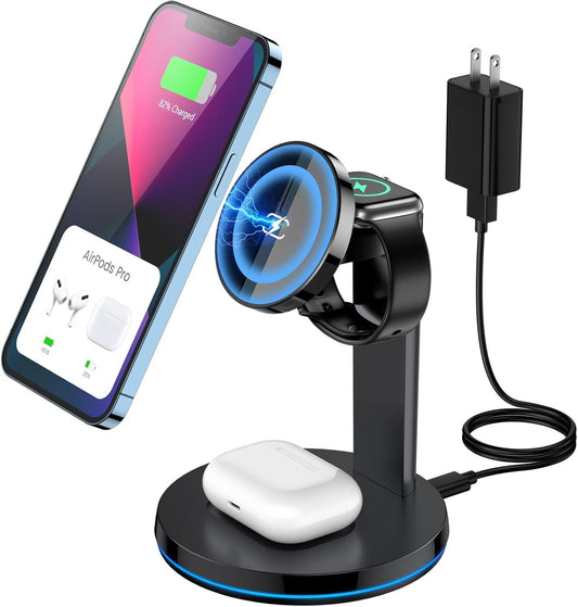 Magnetic Wireless Charging Station, KOOPAO 3 in 1 MagSafe Fast Charger Stand Dock for iPhone 16/15/14/13/12/Pro Max/Pro/Mini, iWatch 9/8/7/6/SE/5/4/3/2, iPods 2/Pro with PD Adapter-Black