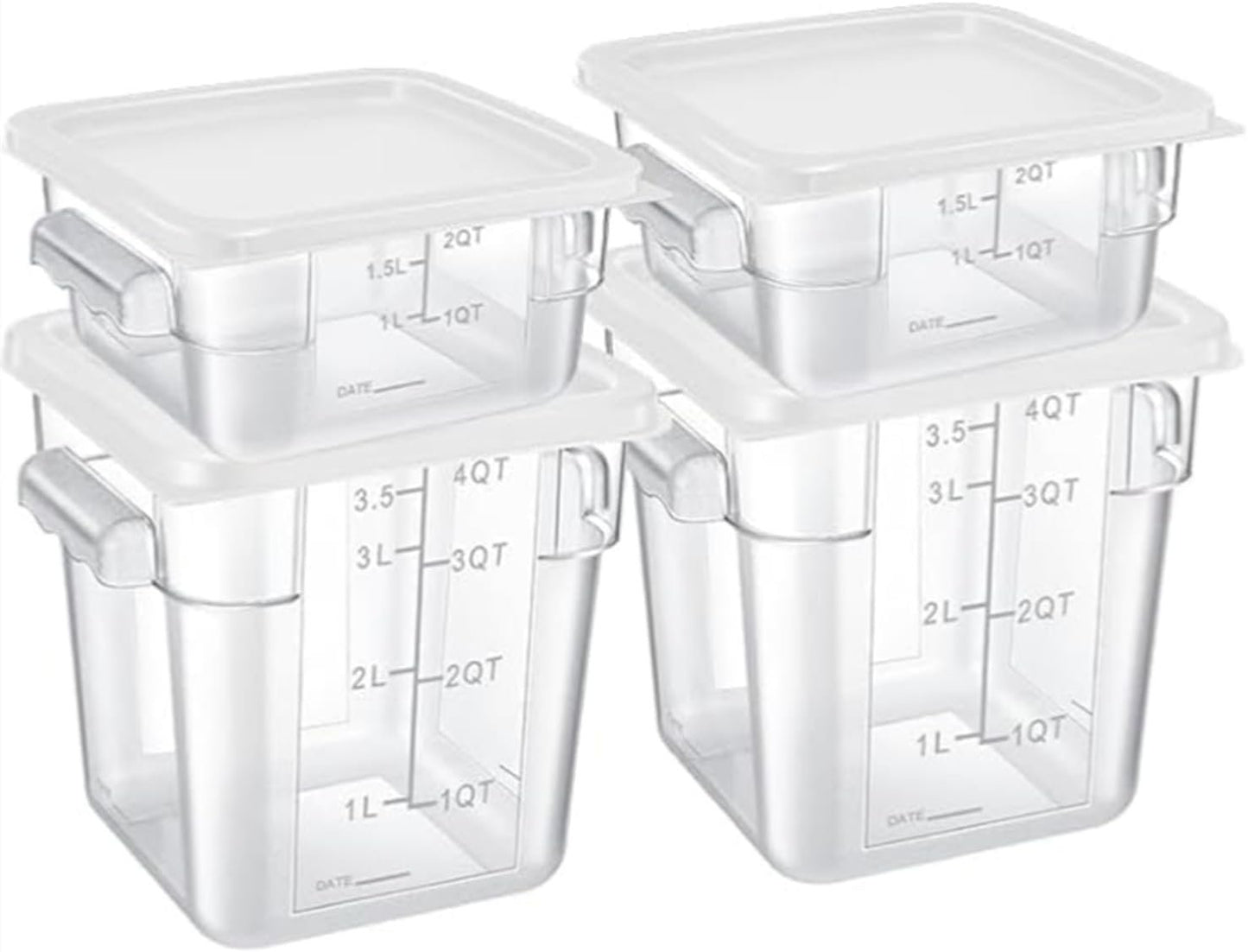 4 Pcs Food Storage Containers with Lids 2 and 4 Quart Clear Plastic Commercial Container Set with Scales Handles for Home Restaurant Fridge Freezer Kitchen Brining Food, Proof Dough, Marinating Meat