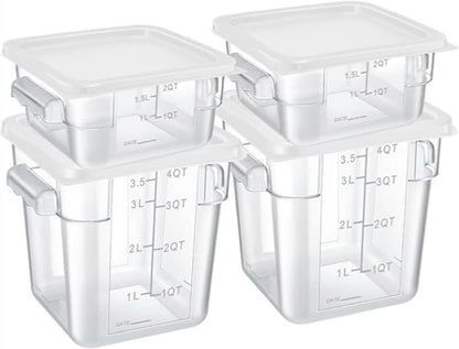 4 Pcs Food Storage Containers with Lids 2 and 4 Quart Clear Plastic Commercial Container Set with Scales Handles for Home Restaurant Fridge Freezer Kitchen Brining Food, Proof Dough, Marinating Meat