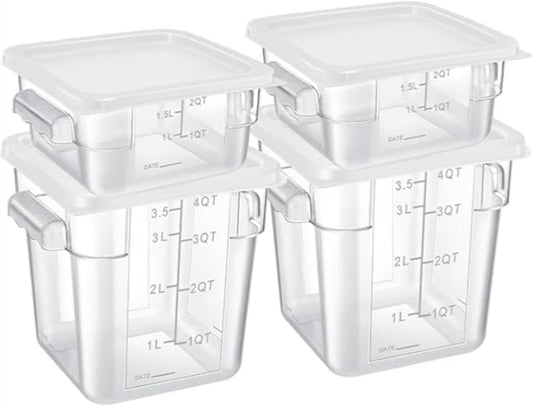 4 Pcs Food Storage Containers with Lids 2 and 4 Quart Clear Plastic Commercial Container Set with Scales Handles for Home Restaurant Fridge Freezer Kitchen Brining Food, Proof Dough, Marinating Meat