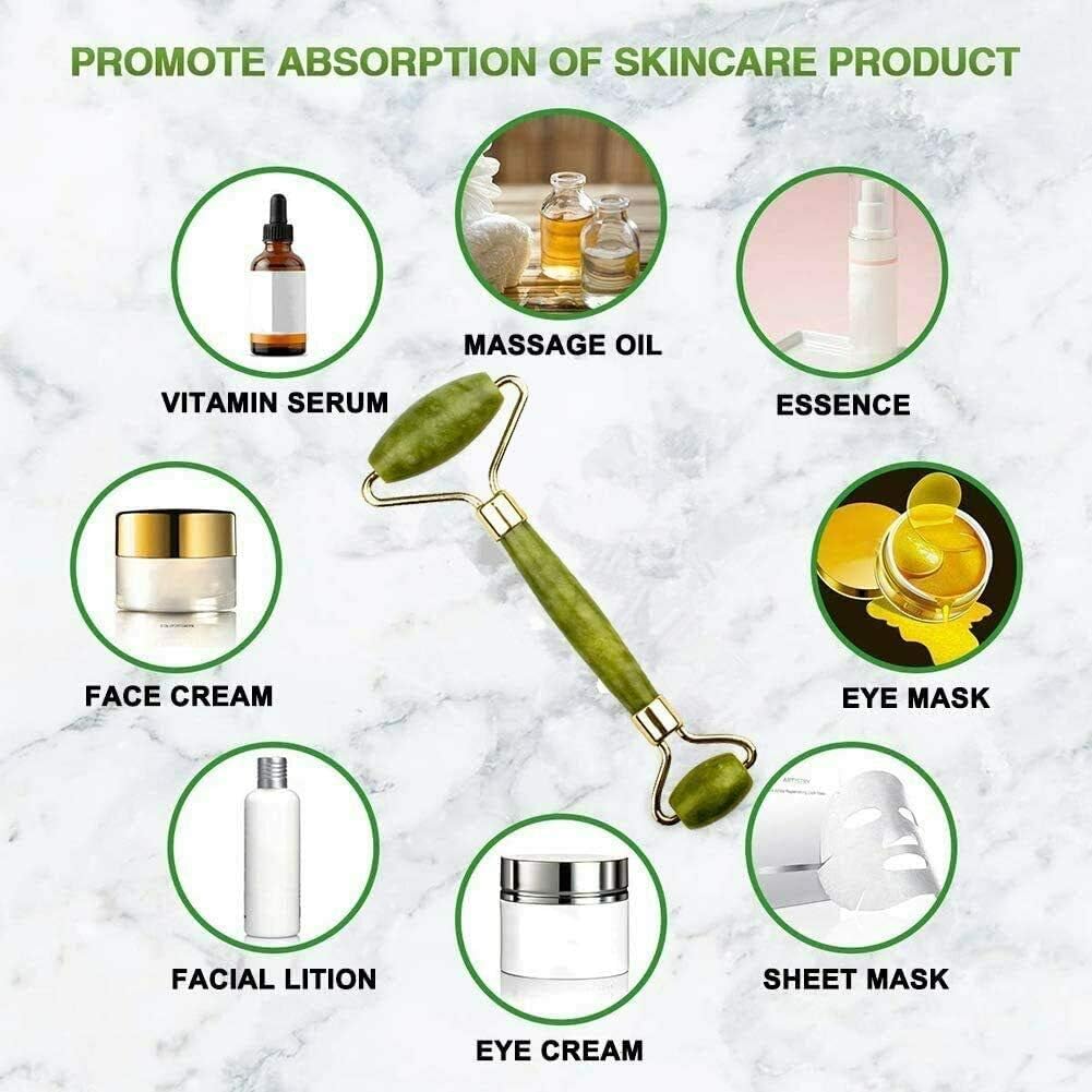 Jade Face Roller - GLAMZA Double Ended Facial Roller - Stimulates Lymphatic Drainage, Improving Skin-tone & Reducing Fine Lines & Wrinkles