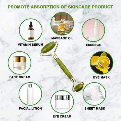 Jade Face Roller - GLAMZA Double Ended Facial Roller - Stimulates Lymphatic Drainage, Improving Skin-tone & Reducing Fine Lines & Wrinkles