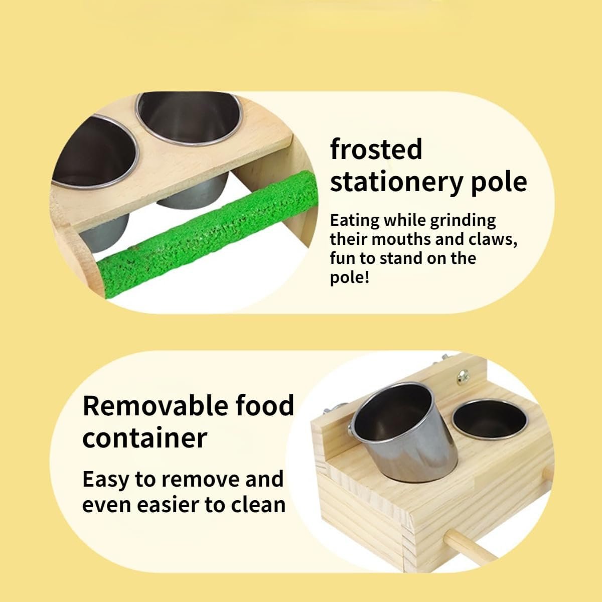 Bird Food Stainless Steel Cups Wooden Perch Stand Hanging Feeder Bowls Feeding and Watering Supplies for Parakeets Conures Cockatiels Budgie Parrot (with Three Cups)