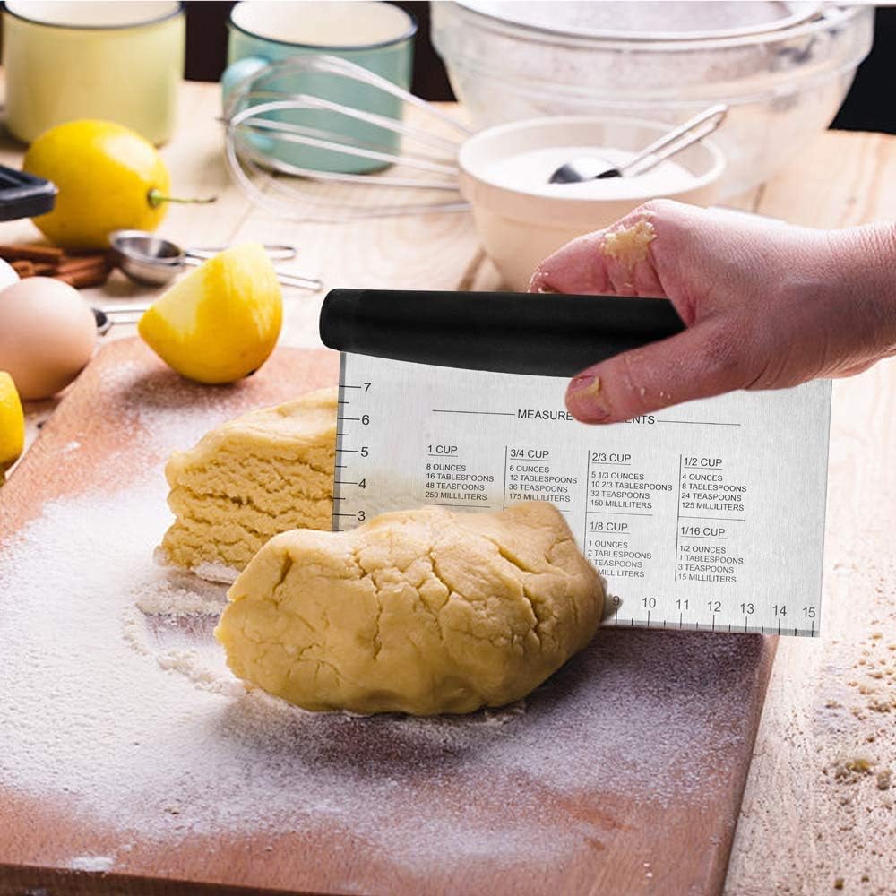 Bench Scraper & Chopper, Aufondof Metal Dough Cutter Pastry Scraper for Cake Pizza Bread, Multi-Purpose Kitchen Gadgets for Baking Cooking, Rubber Grip & Measuring Markings