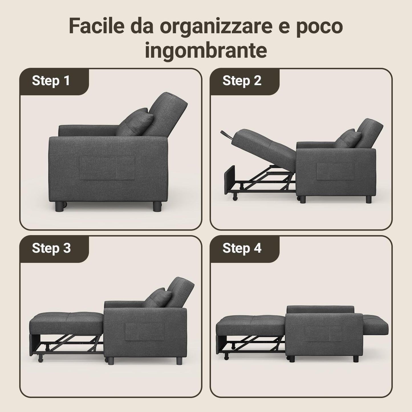Xbro 3 in 1 Single Armchair Bed, Adjustable Backrest, Space-Saving Relax Sofa with Integrated Bag for Apartment/Bedroom