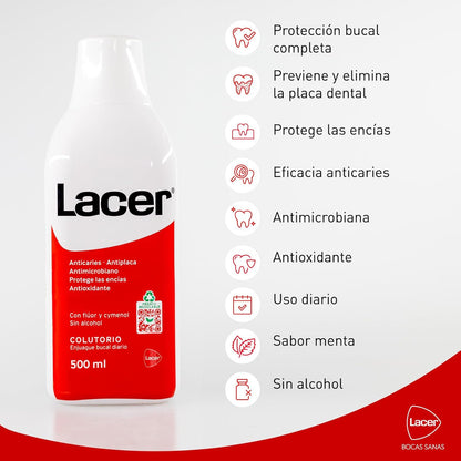 LACER - Mouthwash Pack of 2 x 500 ml, Oral Rinse, Daily Use, Alcohol Free, Healthy and Protected Mouth, Prevents Caries and Dental Plaque, Deep Cleanses