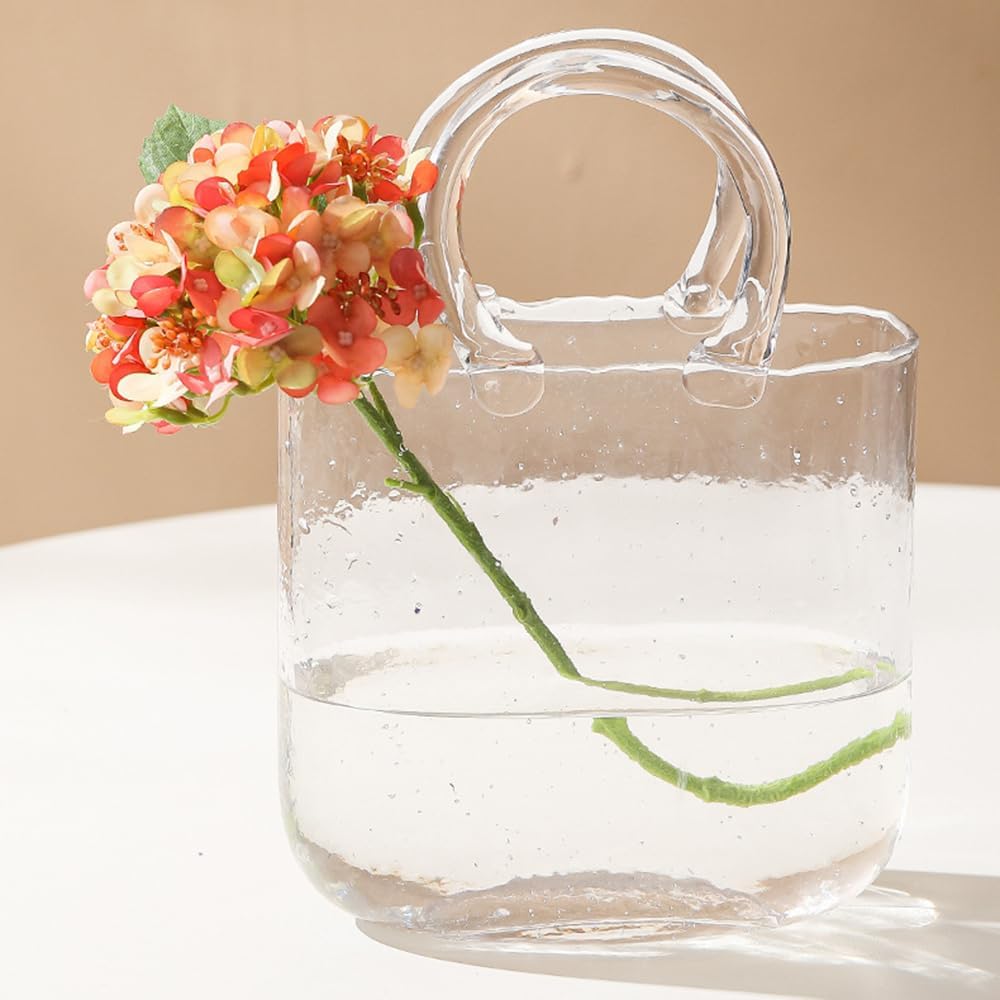 DZGUAI glass bag vase, purse vase with fish bowl, Handbag Shape flower vase - for Home Décor, enterpiece,Office, Garde (transparent)