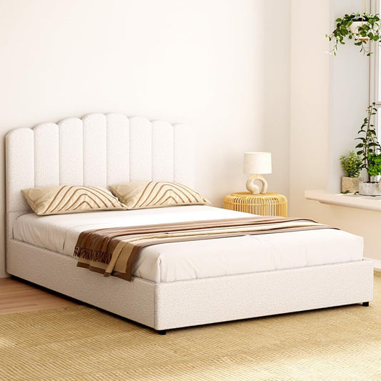 Artiss Bed Frame Queen Size Mattress Base Wooden Platform Boucle White FION