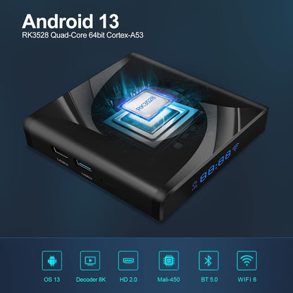 Android TV Box 13.0, 4GB RAM 32GB ROM Android Box RK3528 Quad-Core 64bit Cortex-A53 with Dual Wi-Fi 2.4G/5.0G, BT 5.0/ 3D Ultra HD 8K/ H.265/USB 3.0 Smart TV Box