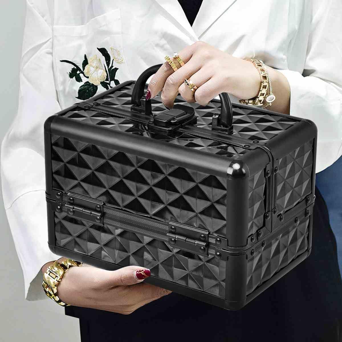 Cosmetic Beauty Case, Portable Lockable Makeup Jewelry Organizer, Travel Makeup Storage Box w/Mirror, Diamond Rose Gold, for Home Travel Gift (Black)