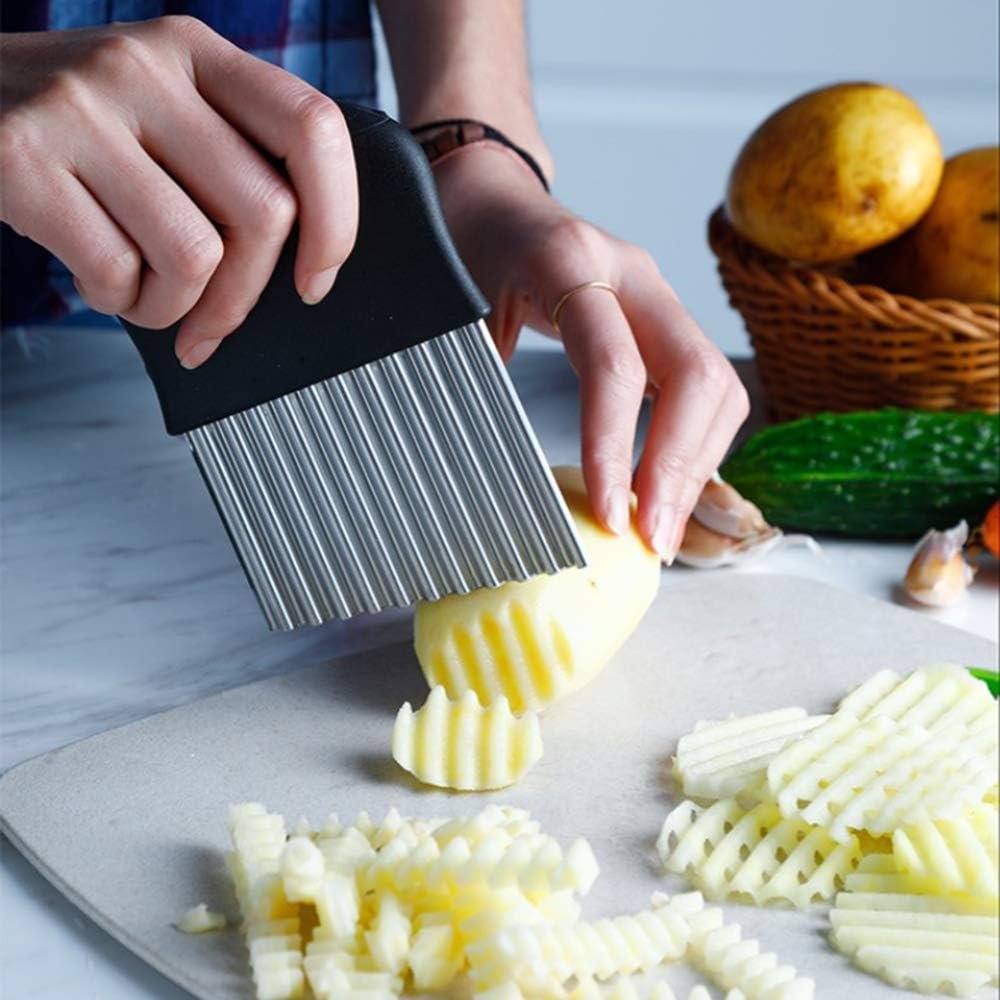 2 pcs Crinkle Choppers, FineGood 7.2" 5.5" French Fries Chips Chopping Knives, Stainless Steel Blade Slicers, Fruit Vegetable Salad Cutter Cutting Tool