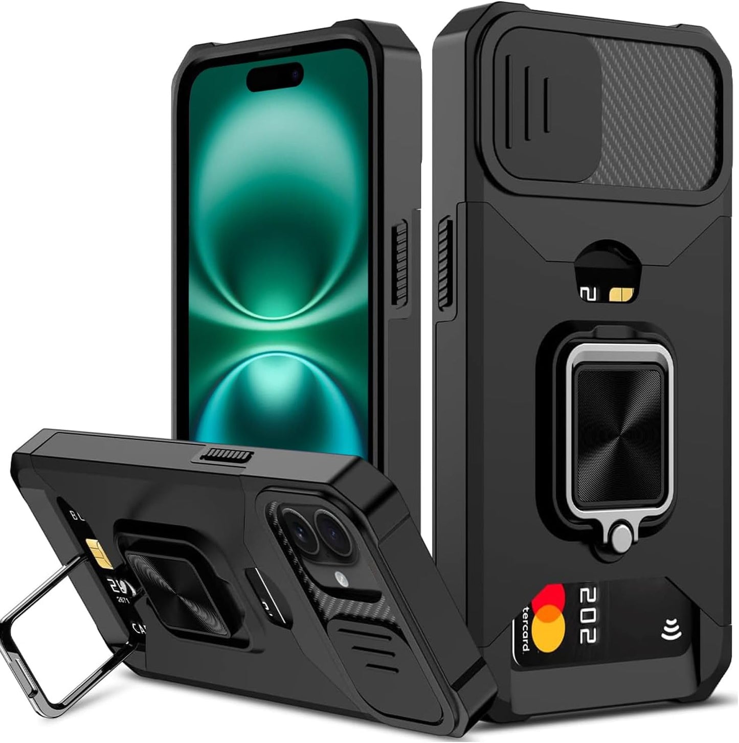 for iPhone 16 Plus Case with [Card Holder] and Camera Cover Built-in 360° Rotate Ring Stand Kickstand Magnetic Magnet Heavy Duty Protective Phone Cover Case for iPhone 16 Plus