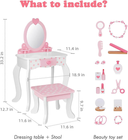 OOOK Kids Vanity Set, Table & Chair Vanity Set with Mirror and 15 pcs Interesting Make-up Accessories, Pink Makeup Dressing Table with Storage Drawer, Premium Gift for Girls.