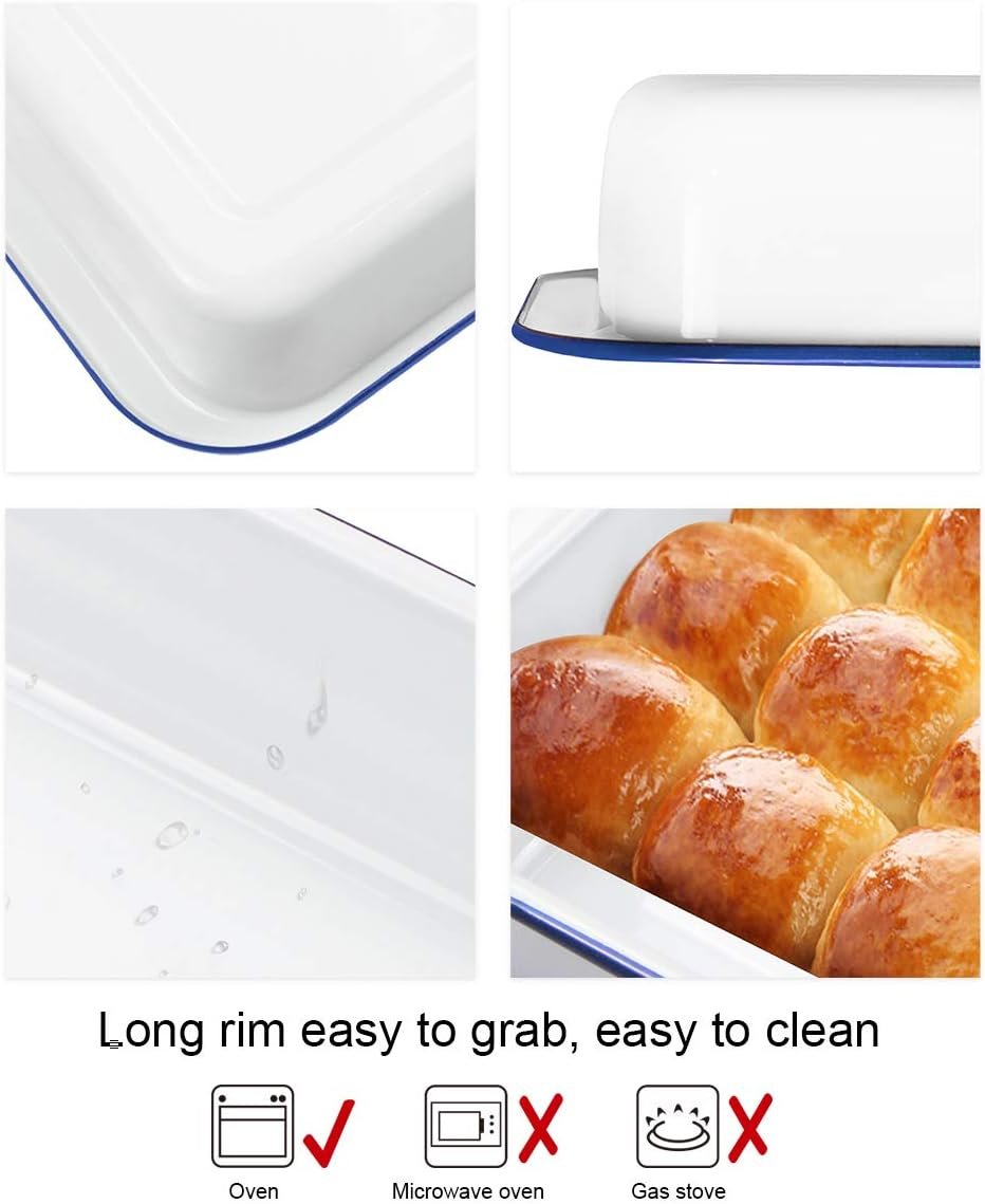 Webake Enamelware 9x13 Baking Pan Oblong Cake Pan Enameled Steel Roasting Pan Baking Dish Lasagna Pan Food Containers, Solid White with Blue Rim