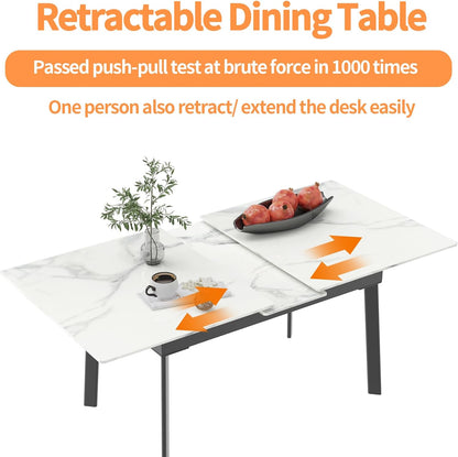 Extendable Dining Table Sintered Stone: Rectangular Kitchen Room Table Stretchable 150cm - 180cm Snow Mountain White Marble Texture Leaves Tables 6-8 Seater with Flat-Sided Oval Steel Legs