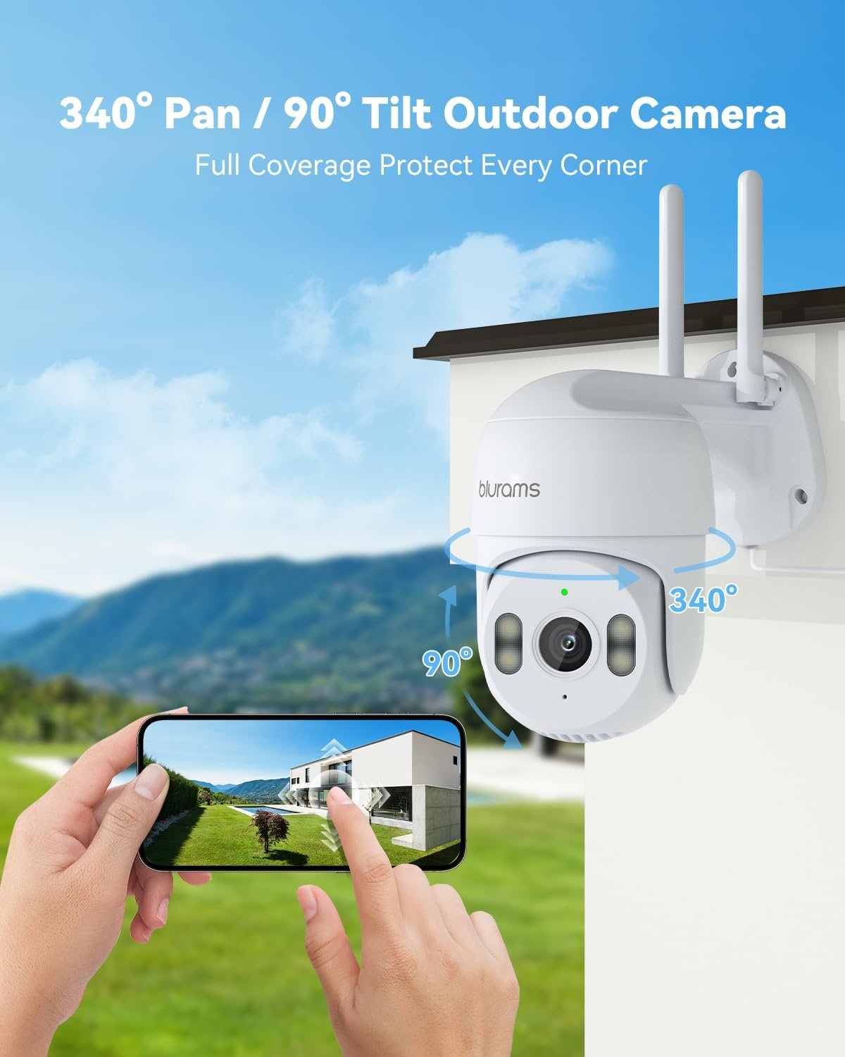 blurams 2K Security Camera Outdoor, 360° PTZ Cameras for Home Security Outside with Motion Detection Tracking, Color Night Vision, Two-Way Audio, IP66 Weatherproof, 2.4GHz Wi-Fi, Works with Alexa