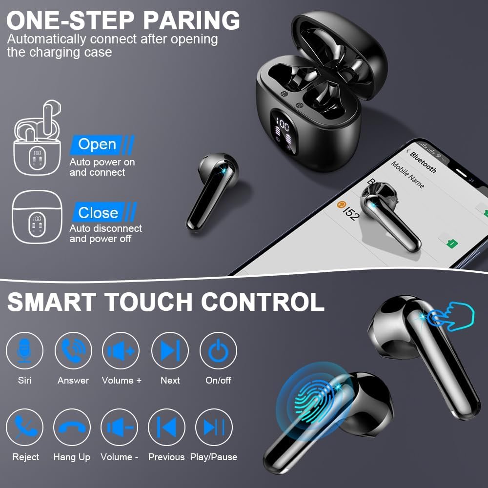 Wireless Earbuds, 2024 Bluetooth 5.4 Headphones-Deep Bass Stereo Ear Buds with ENC Noise Canceling Mic, 50Hrs Bluetooth Earbuds-Clear Call/LED Displays, IP7 Waterproof Earphones Wireless Android-Black