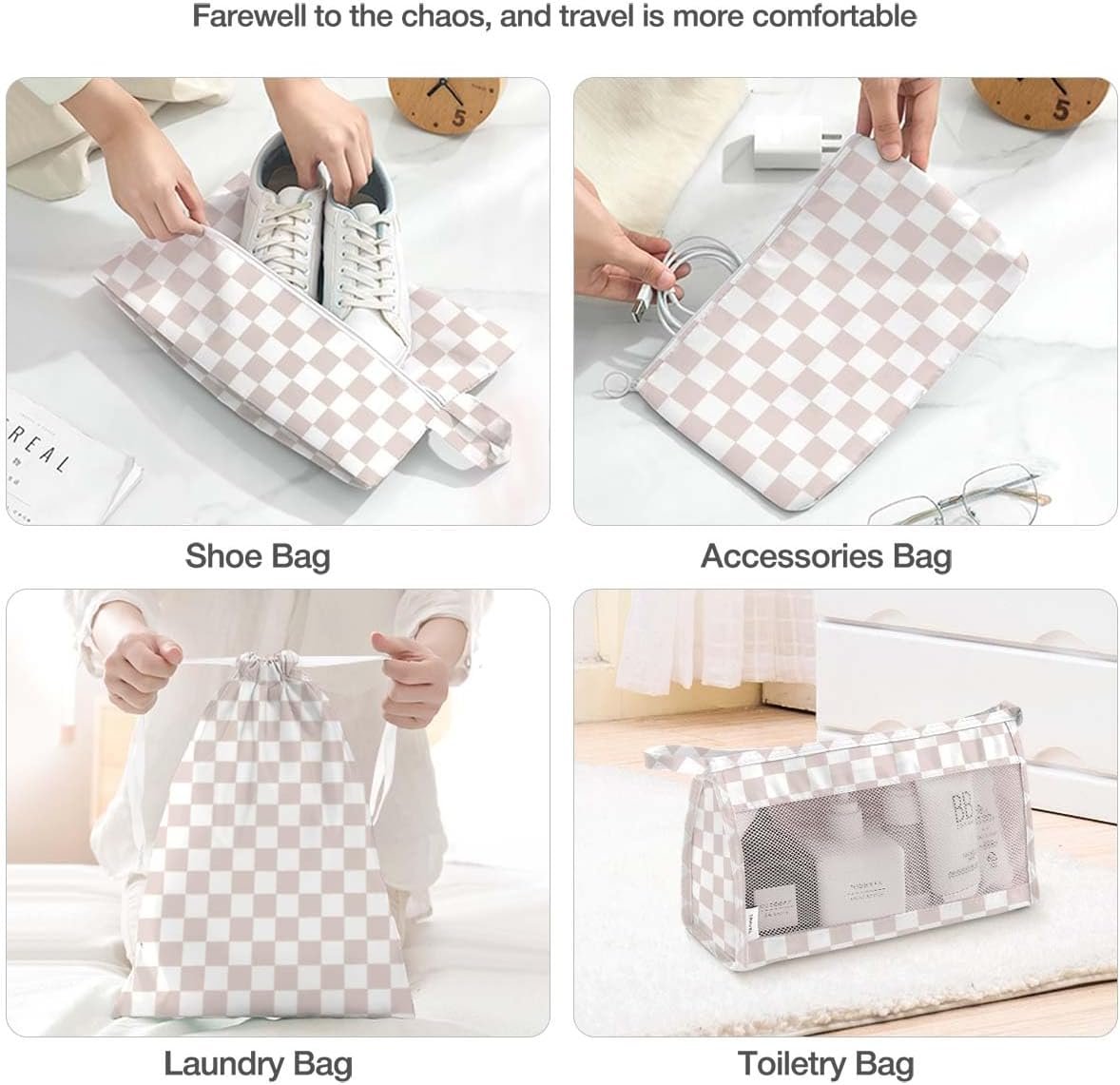 8 Set Packing Cubes for Suitcases, Packing Cubes with Shoe, Cosmetics, Clothing, Accessories Bags for Travel Luggage Organizer Women Men(Light Pink Checkered)