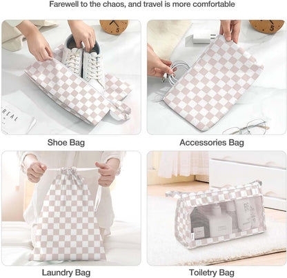 8 Set Packing Cubes for Suitcases, Packing Cubes with Shoe, Cosmetics, Clothing, Accessories Bags for Travel Luggage Organizer Women Men(Light Pink Checkered)