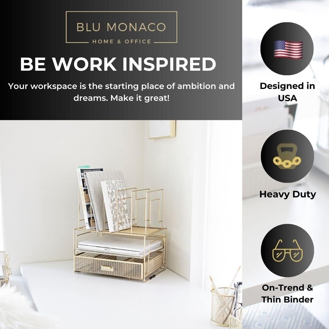 BLU MONACO Gold Desk Accessories and Workspace, Desktop Organizer - Cute File Organizer for Desk and Drawer Storage for Office Supplies, Paper, Device and Folders - File Holder