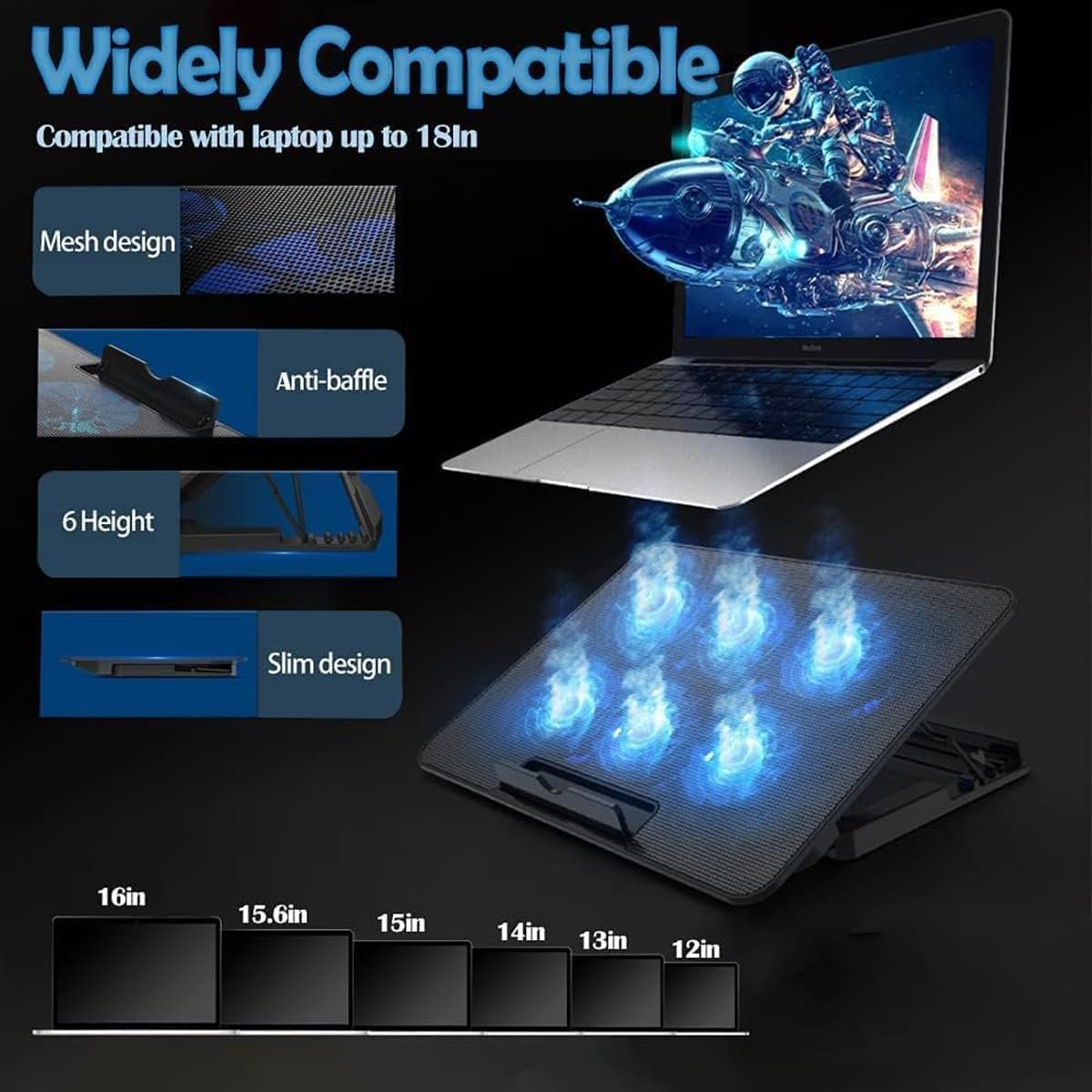 TimeVrinql Portable Computer Stand， 6 Quiet Cooling Fans and 6 Height Adjustable Dual USB Powered Gaming Laptop Cooling Stand for 12-17 Inch Laptop