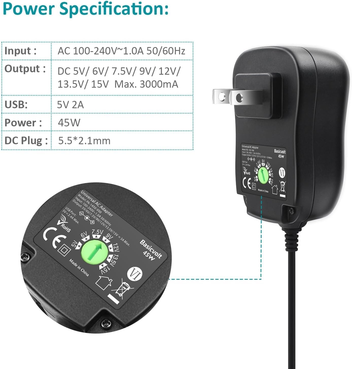Basicvolt 45W 5V 6V 7.5V 9V 12V 13.5V 15V 3A Universal AC to DC Adapter Power Supply for Household Electronics LED Strip Light Tablet PC Scales Router Bluetooth Speaker CCTV Camera - 5V 2A USB