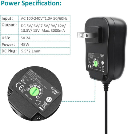 Basicvolt 45W 5V 6V 7.5V 9V 12V 13.5V 15V 3A Universal AC to DC Adapter Power Supply for Household Electronics LED Strip Light Tablet PC Scales Router Bluetooth Speaker CCTV Camera - 5V 2A USB