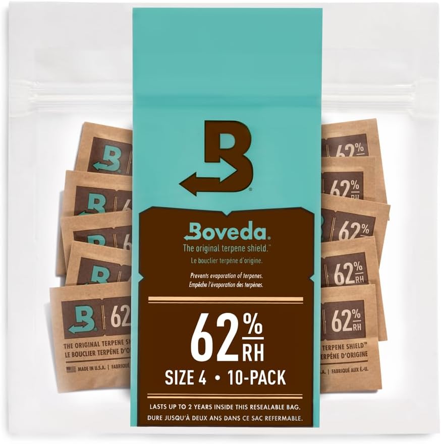 Boveda 62% Two-Way Humidity Control Packs For Storing ½ oz – Size 4 – 10 Pack – Moisture Absorbers for Small Storage Containers – Humidifier Packs – Hydration Packets in Resealable Bag