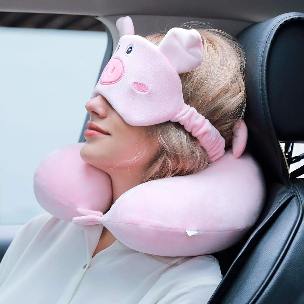Memory Foam Animal Travel Pillow, Comfortable Neck Pillow with Cute Eye Mask Lightweight Traveling Pillow for Airplane, Car, Train, Bus and Home Use (Pig)