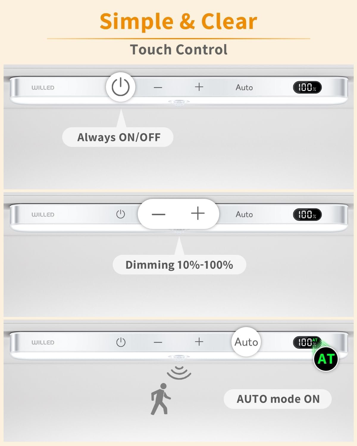 WILLED 3000K Closet Lights Motion Sensored, Battery Display, 60 LED Touch Light Bar, Motion Sensor Light Indoor, Under Cabinet Lights Rechargeable, Stick on Lights for Closet, Kitchen, Hallway, 4 Pack