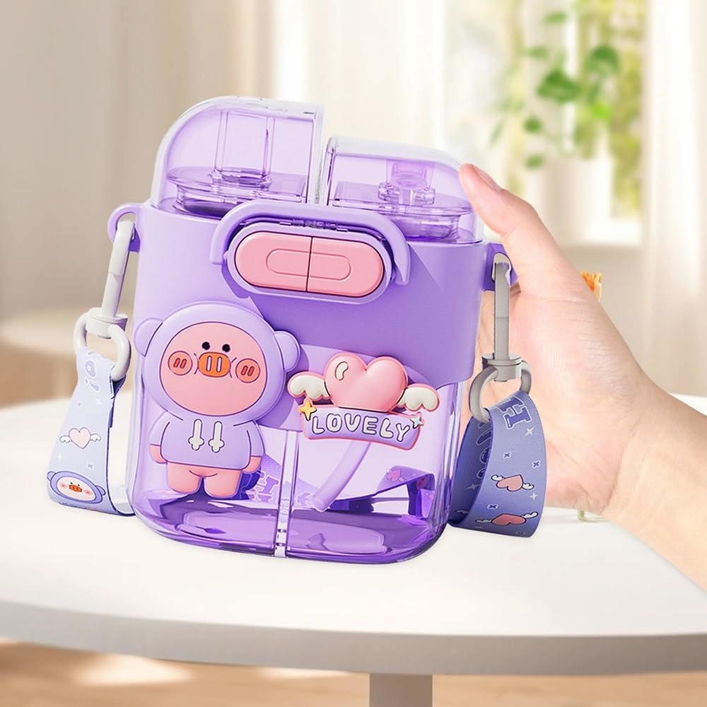 Chris. W Kawaii Water Bottle for Girls, 20oz Cute Water Bottles with Straw and Adjustable Strap, Two Different Drinks in One Cup, Cute Bunny Bottle with Bear and Heart for School Sport Travel, Purple