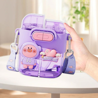 Chris. W Kawaii Water Bottle for Girls, 20oz Cute Water Bottles with Straw and Adjustable Strap, Two Different Drinks in One Cup, Cute Bunny Bottle with Bear and Heart for School Sport Travel, Purple
