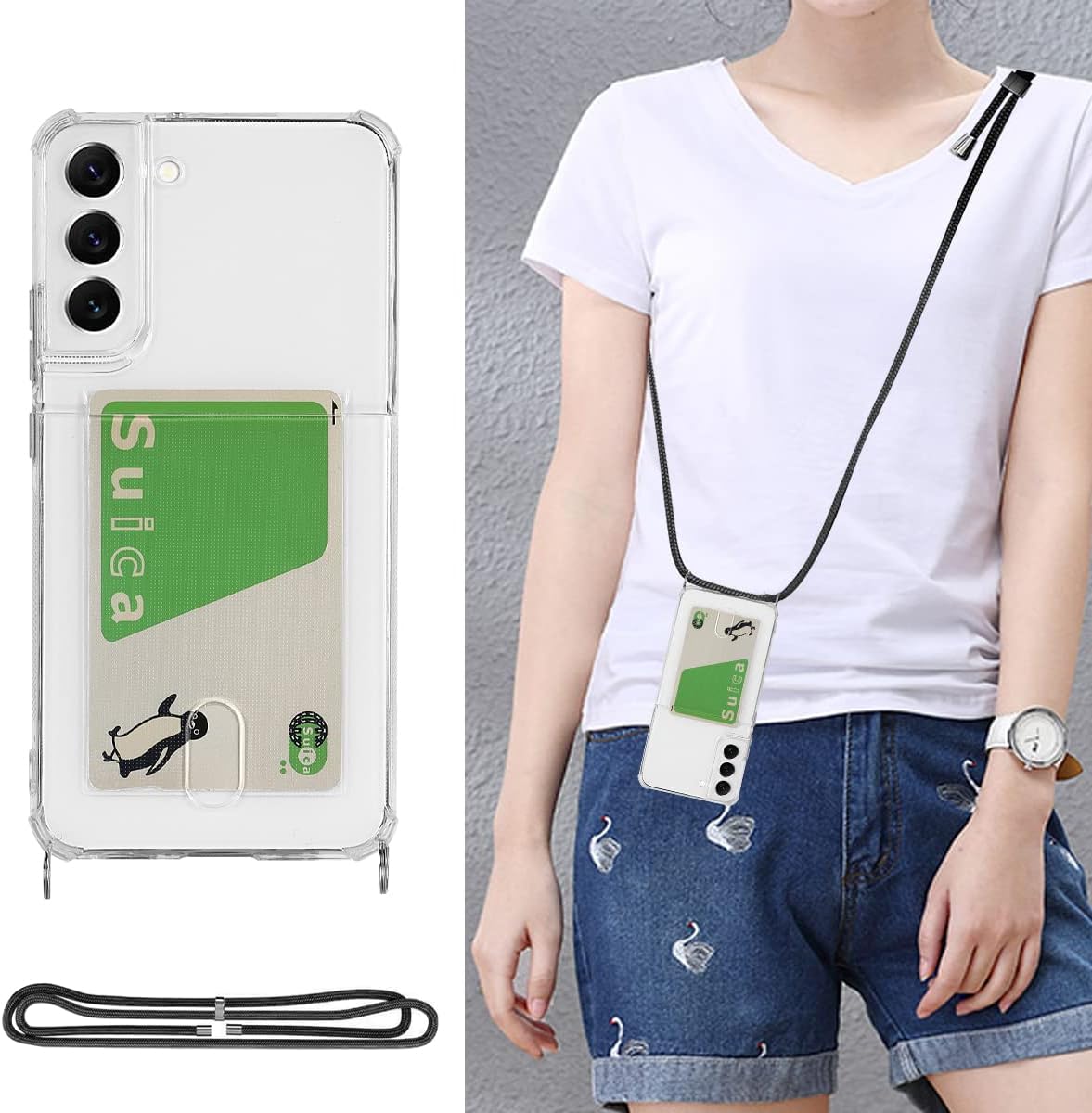 Cavor Clear Case for Samsung Galaxy S22 Slim Thin Back Cover with Shoulder Lanyard and Card Slot Soft Silicone TPU Transparent Case for Galaxy S22 5G 6.1 inch Wallet Case with Card Holder
