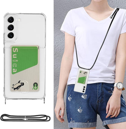 Cavor Clear Case for Samsung Galaxy S22 Slim Thin Back Cover with Shoulder Lanyard and Card Slot Soft Silicone TPU Transparent Case for Galaxy S22 5G 6.1 inch Wallet Case with Card Holder