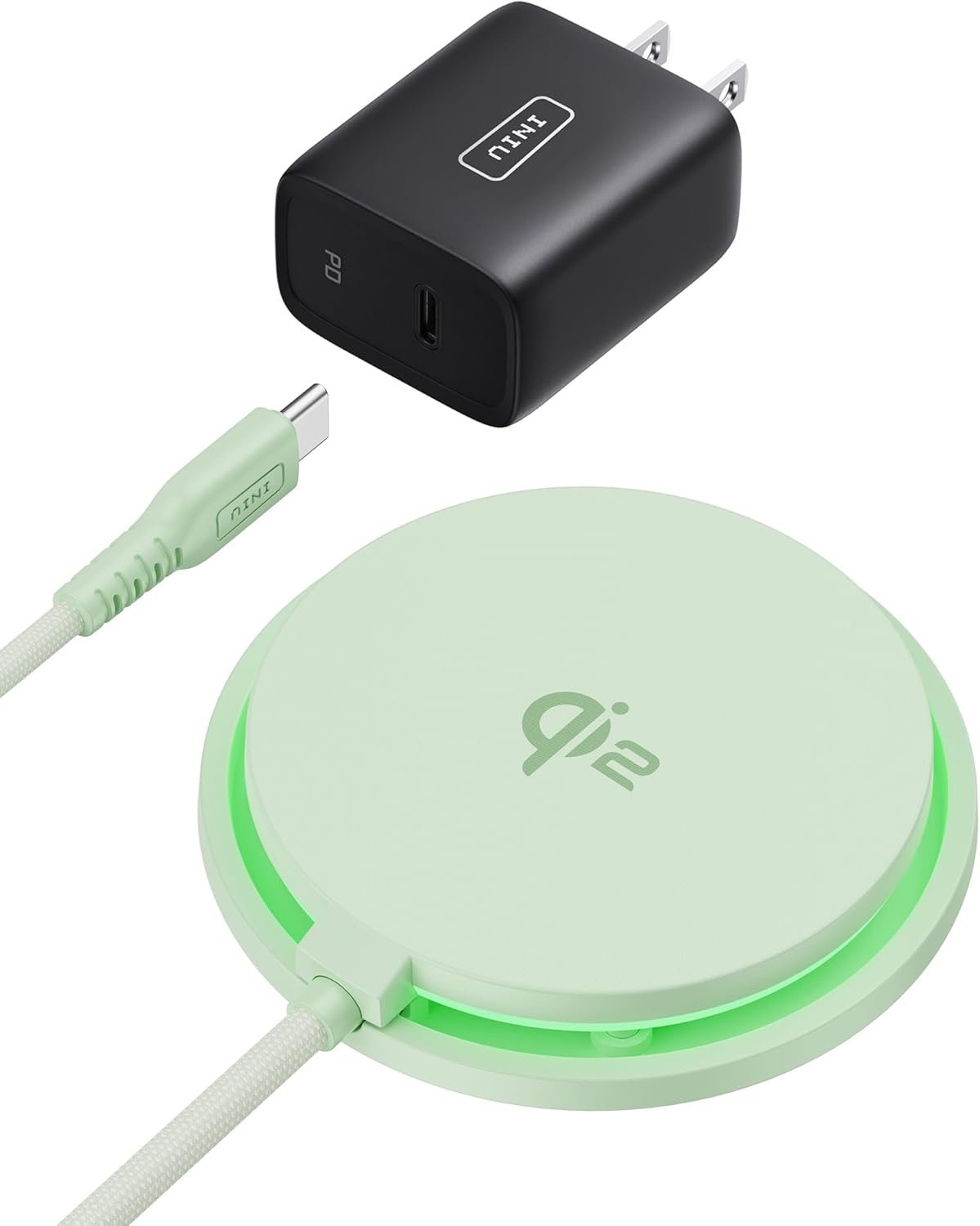 INIU Wireless Charger, 15W Fast Charging LED Mag-Safe Charger, Travel Magnetic Charging Pad Compatible with iPhone 16/15/14/13/12 Series, AirPods 3/2/Pro/Pro 2 (with Adapter), Green