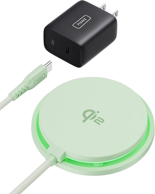 INIU Wireless Charger, 15W Fast Charging LED Mag-Safe Charger, Travel Magnetic Charging Pad Compatible with iPhone 16/15/14/13/12 Series, AirPods 3/2/Pro/Pro 2 (with Adapter), Green