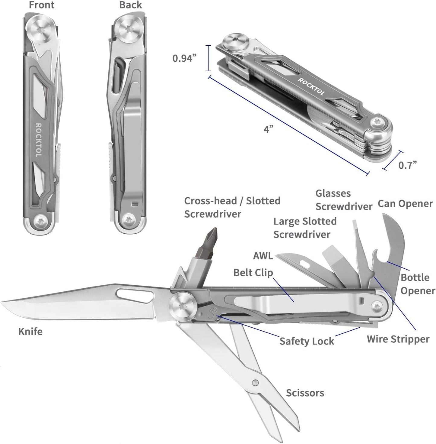 ROCKTOL Folding Pocket Knife, 12-in-1 Stainless Steel Multitool Knife with Titanium-Plated Handle, Pocket Clip for Camping, Hiking, Survival,Gifts for Men