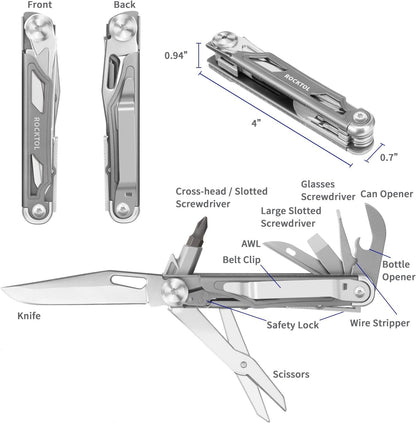ROCKTOL Folding Pocket Knife, 12-in-1 Stainless Steel Multitool Knife with Titanium-Plated Handle, Pocket Clip for Camping, Hiking, Survival,Gifts for Men